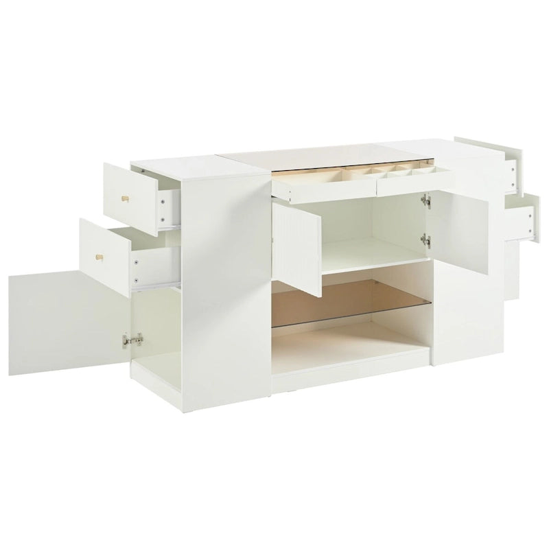 Island Vanity Dresser and Storage Cabinet with Glass Tabletop, Display Shelf & 6 Drawers