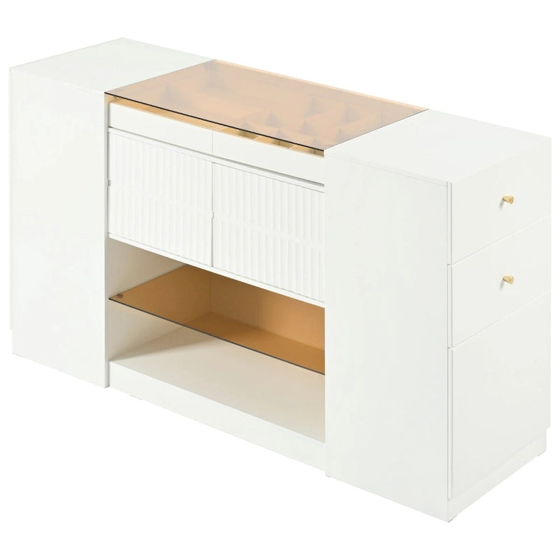 Island Vanity Dresser and Storage Cabinet with Glass Tabletop, Display Shelf & 6 Drawers