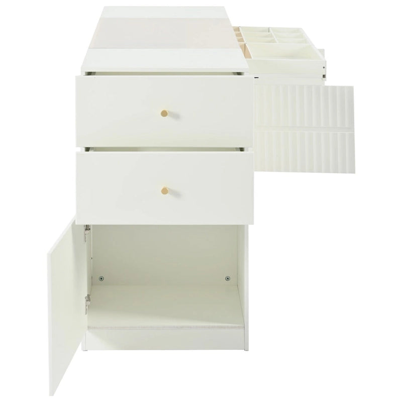Island Vanity Dresser and Storage Cabinet with Glass Tabletop, Display Shelf & 6 Drawers