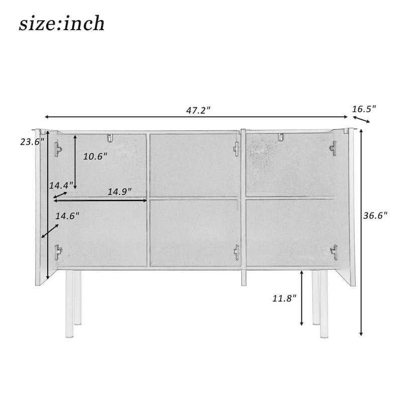 Sideboard Cabinet with Gold Metal Legs, Handles and Adjustable Shelves