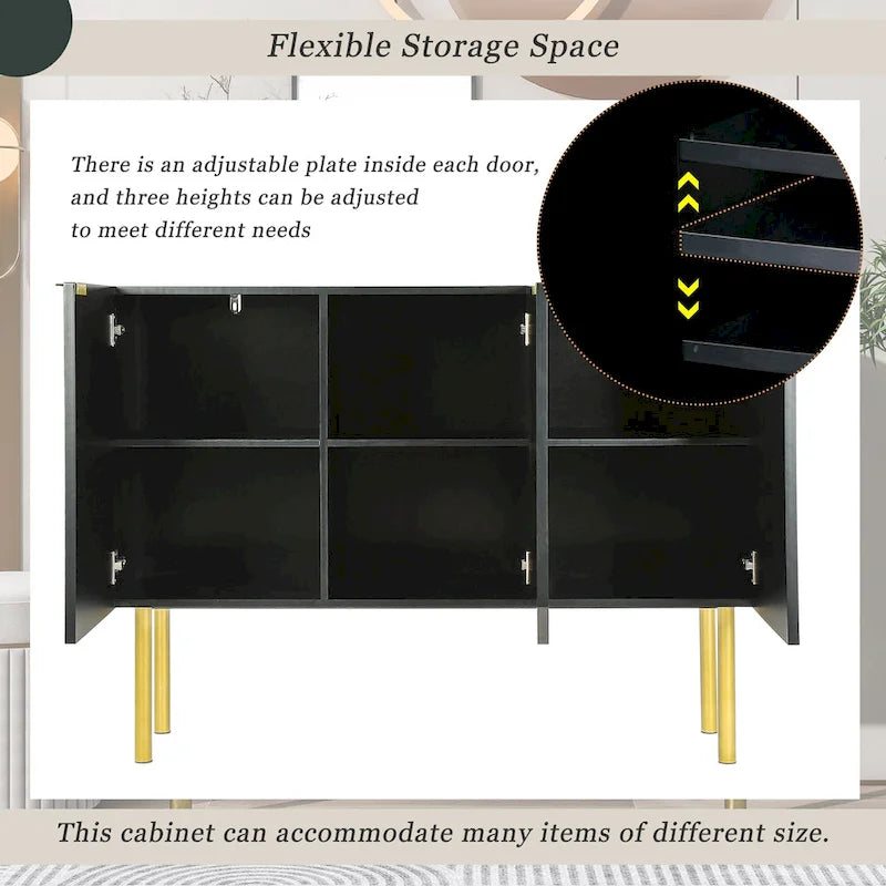 Sideboard Cabinet with Gold Metal Legs, Handles and Adjustable Shelves