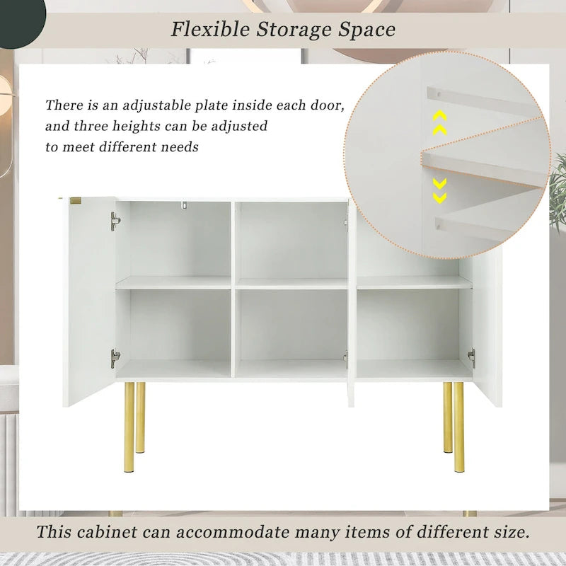 Sideboard Cabinet with Gold Metal Legs, Handles and Adjustable Shelves