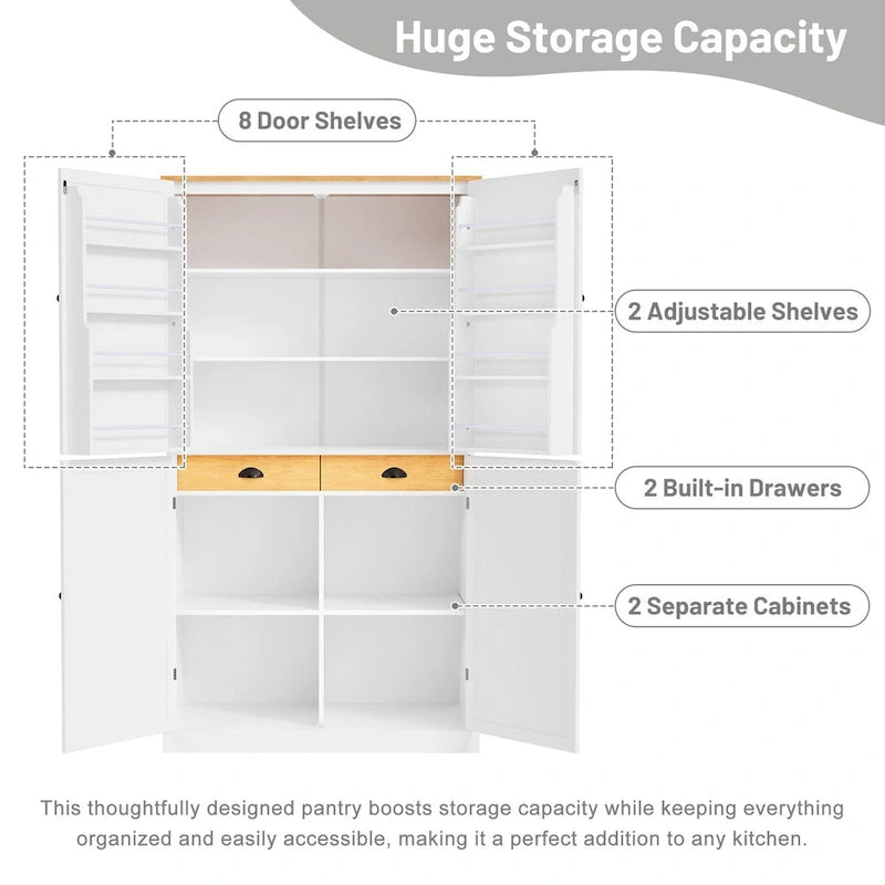 40.2x20x71.3 Inch Freestanding Kitchen Pantry Storage Cabinet with 2 Drawers & 8 Door Shelves