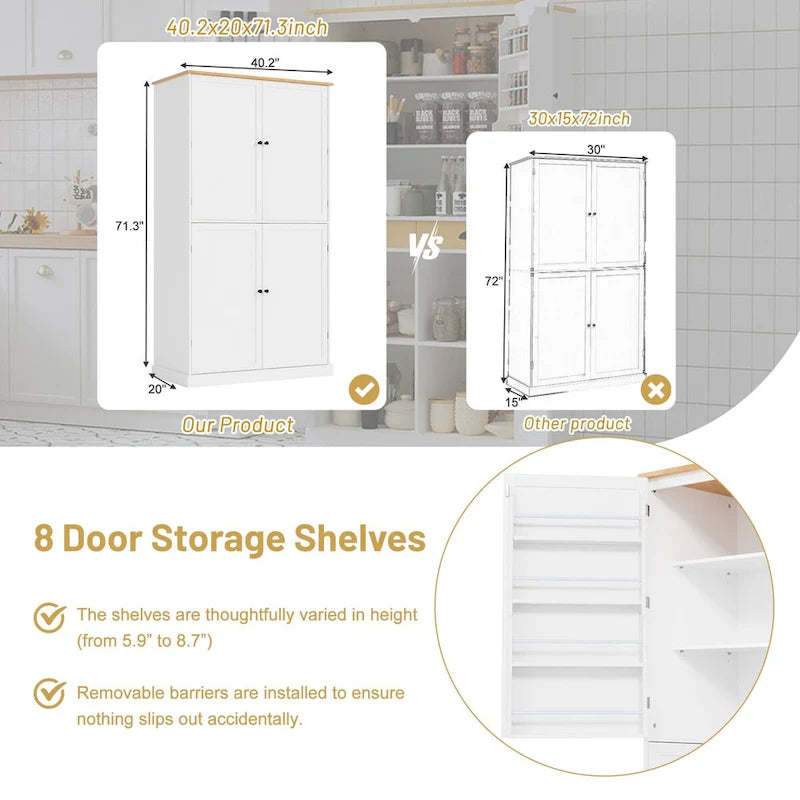 40.2x20x71.3 Inch Freestanding Kitchen Pantry Storage Cabinet with 2 Drawers & 8 Door Shelves