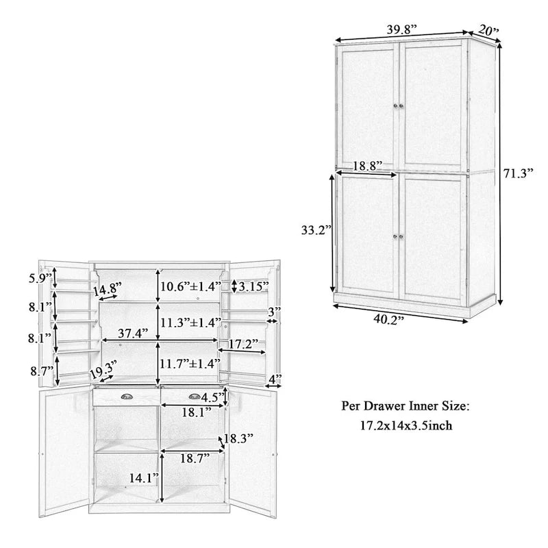 40.2x20x71.3 Inch Freestanding Kitchen Pantry Storage Cabinet with 2 Drawers & 8 Door Shelves