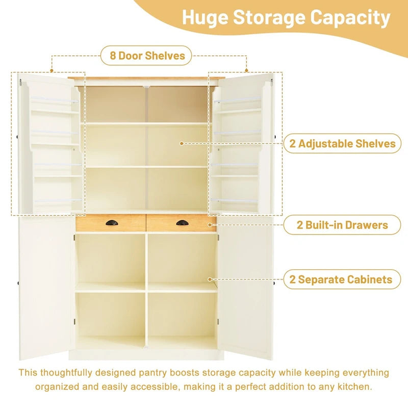 40.2x20x71.3 Inch Freestanding Kitchen Pantry Storage Cabinet with 2 Drawers & 8 Door Shelves
