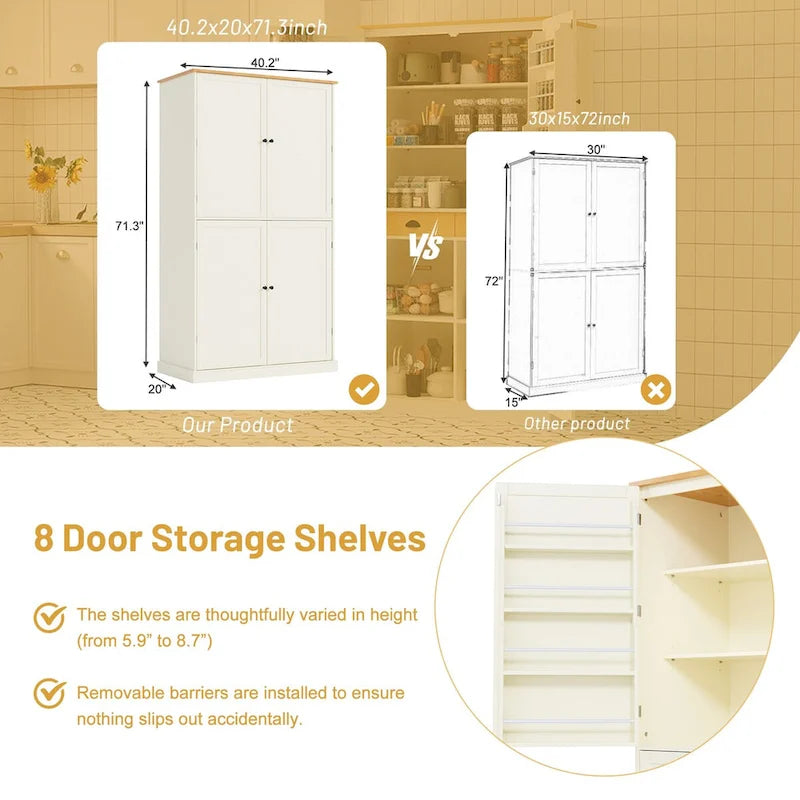 40.2x20x71.3 Inch Freestanding Kitchen Pantry Storage Cabinet with 2 Drawers & 8 Door Shelves