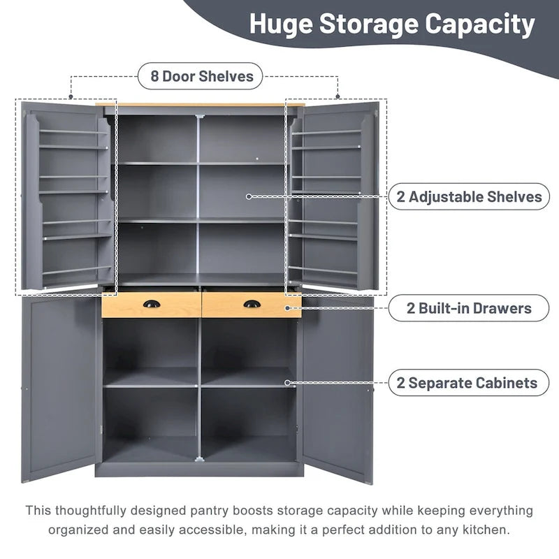 40.2x20x71.3 Inch Freestanding Kitchen Pantry Storage Cabinet with 2 Drawers & 8 Door Shelves