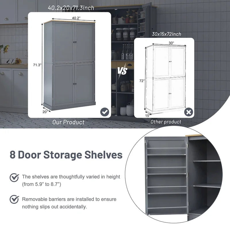 40.2x20x71.3 Inch Freestanding Kitchen Pantry Storage Cabinet with 2 Drawers & 8 Door Shelves