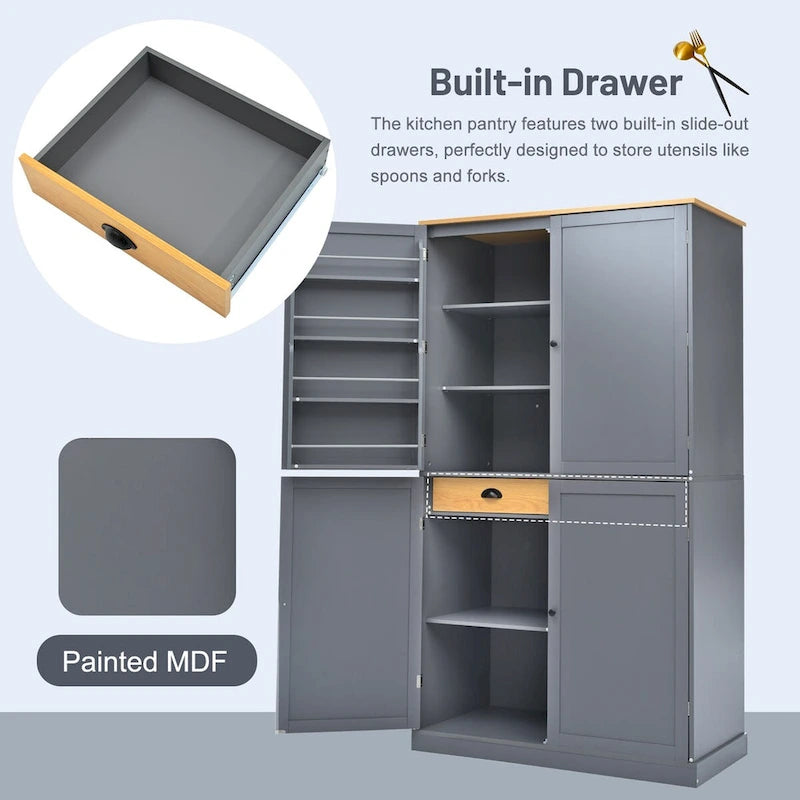 40.2x20x71.3 Inch Freestanding Kitchen Pantry Storage Cabinet with 2 Drawers & 8 Door Shelves