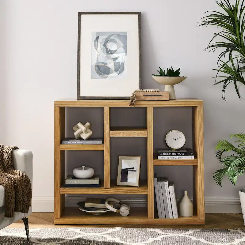 Open Shelf Bookcase with 7 Cube Storage Spaces, Freestanding Floor Standing Display Cabinet for Entryway
