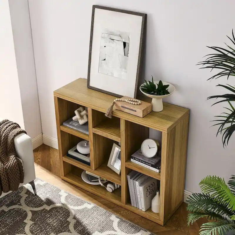 Open Shelf Bookcase with 7 Cube Storage Spaces, Freestanding Floor Standing Display Cabinet for Entryway