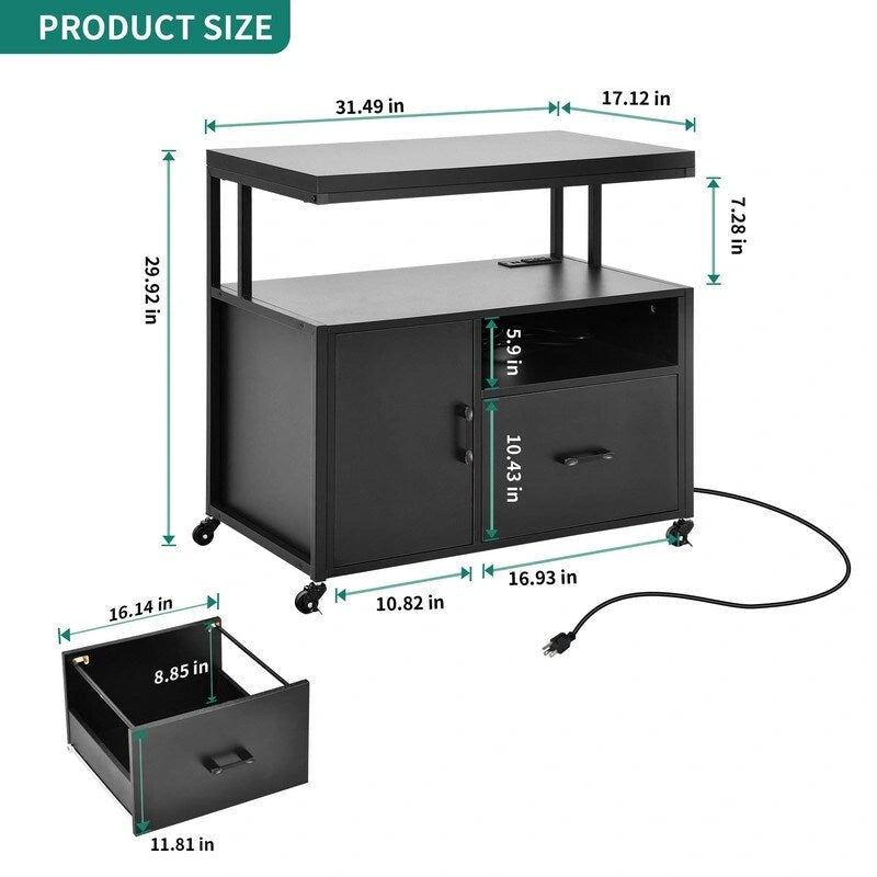 Rolling Filing Cabinet Cart - 15.7"D x 31.5"W x 29.9"H