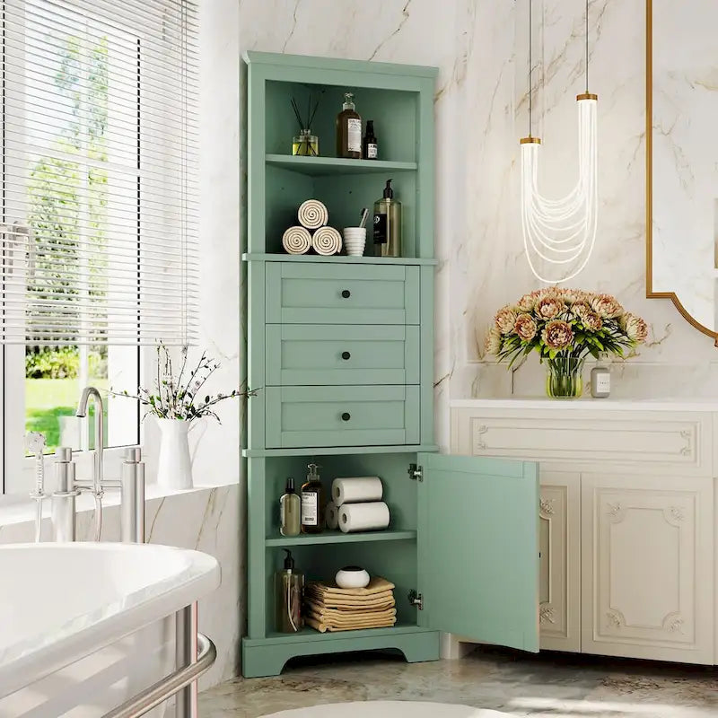69" Tall Wood 1-Door Bathroom Cabinet in Green with Adjustable Shelf