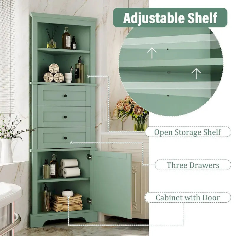 69" Tall Wood 1-Door Bathroom Cabinet in Green with Adjustable Shelf