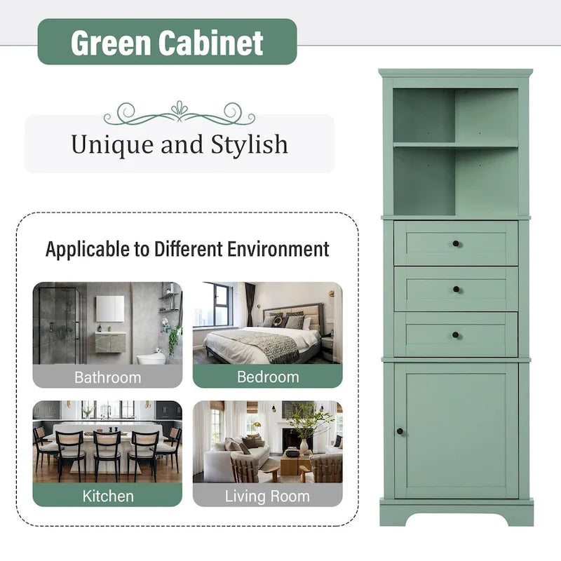 69" Tall Wood 1-Door Bathroom Cabinet in Green with Adjustable Shelf