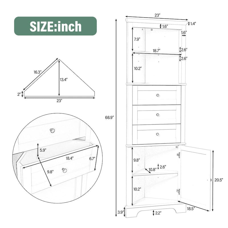 69" Tall Wood 1-Door Bathroom Cabinet in Green with Adjustable Shelf