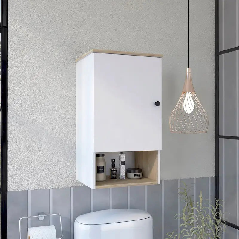 Medicine Cabinet with Two Internal Shelves, Light Oak / White Finish