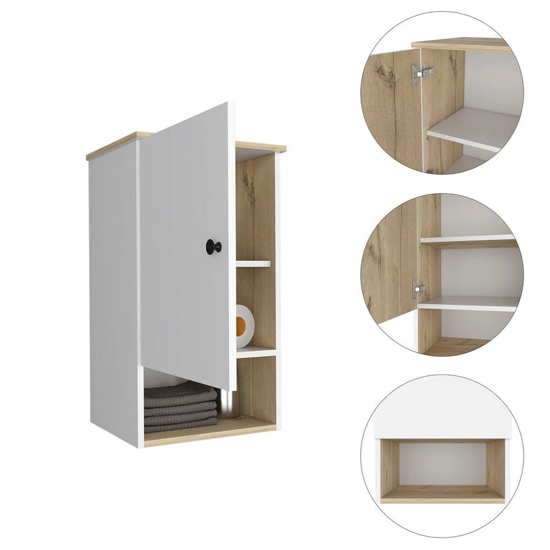 Medicine Cabinet with Two Internal Shelves, Light Oak / White Finish