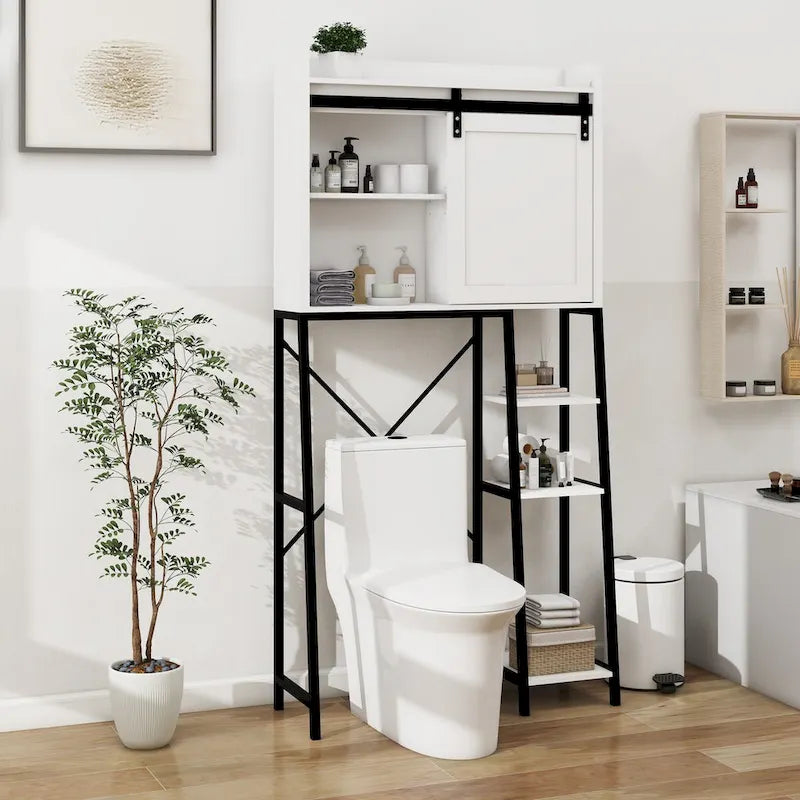 Above the toilet storage cabinet, bathroom shelf