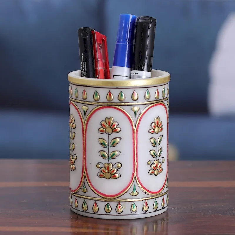 Handmade Marble Pen Holder with Floral Motifs