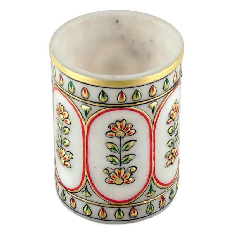 Handmade Marble Pen Holder with Floral Motifs
